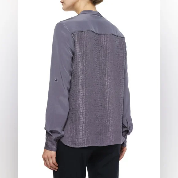 VINCE Silk Crocodile Embossed Blouse Long Tab Sleeve Grey Gray Top Button Down S - Picture 8 of 16